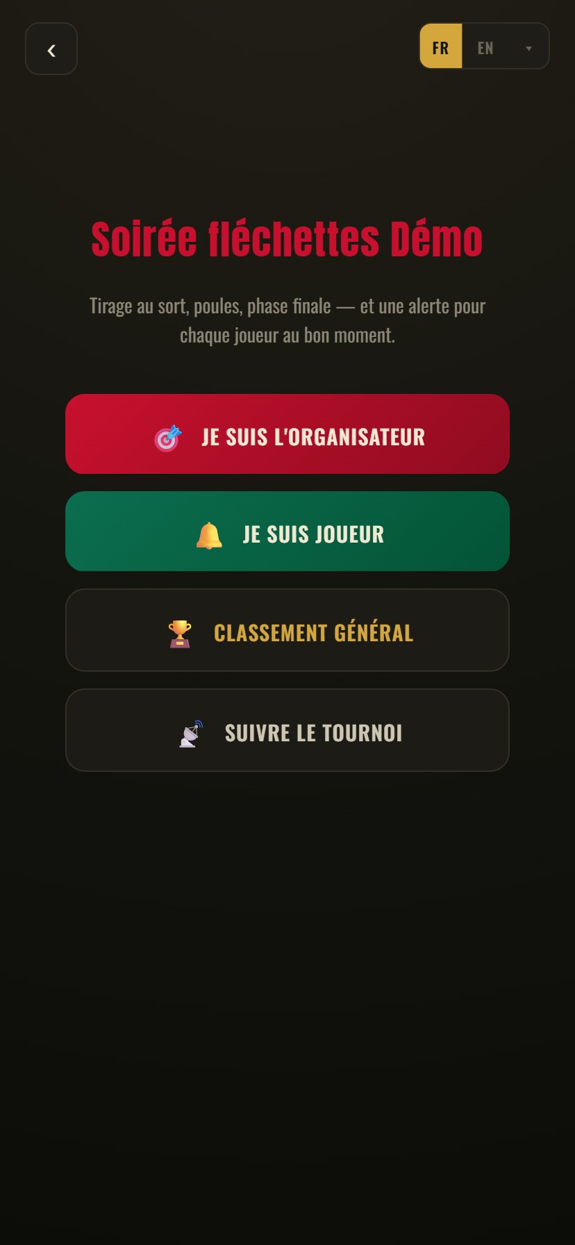 Écran d'accueil de l'appli FreeDarts